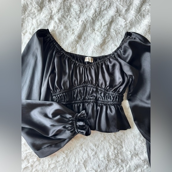 ALTAR’D State Black Sandi Satin Top with Cuffed Sleeves and Open Neckline - Picture 3 of 9